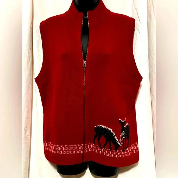 WOOLRICH VTG Women's Large Wool Zip Sweater Vest Red Deer Holiday - Picture 1 of 7